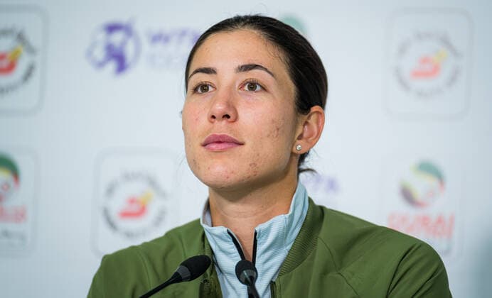 March 11, 2021, DUBAI, UNITED ARAB EMIRATES: Garbine Muguruza of Spain talks to the media after the quarter-final at the 2021 Dubai Duty Free Tennis Championships WTA, Tennis Damen 1000 tournament DUBAI UNITED ARAB EMIRATES - ZUMAa181 20210311_zaa_a181_122 Copyright: xRobxPrangex