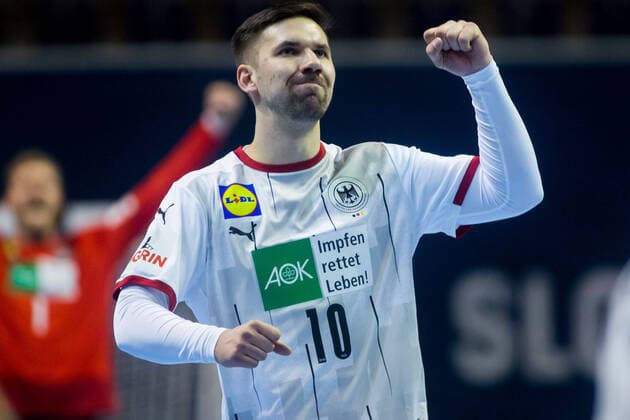 12.03.2021, xfrx, Handball Olympia Qualifikation 2021, Deutschland - Schweden emspor, v.l. Fabian Wiede (Deutschland) (DFL DFB REGULATIONS PROHIBIT ANY USE OF PHOTOGRAPHS as IMAGE SEQUENCES and or QUASI-VIDEO) Berlin