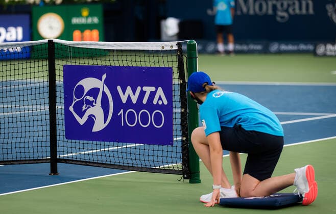 March 12, 2021, DUBAI, UNITED ARAB EMIRATES: WTA, Tennis Damen Logo during the semi-final at the 2021 Dubai Duty Free Tennis Championships WTA 1000 tournament DUBAI UNITED ARAB EMIRATES - ZUMAa181 20210312_zaa_a181_017 Copyright: xRobxPrangex