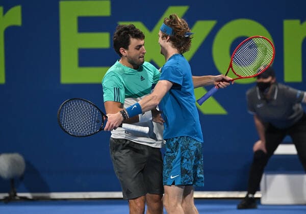 Tennis, ATP-Turnier in Doha Qatar Exxon Mobil Open 2021 Aslan Karatsev , Russia and Andrey Rublev , Russia