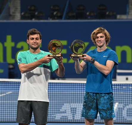 Tennis, ATP-Turnier in Doha Qatar Exxon Mobil Open 2021 Aslan Karatsev , Russia and Andrey Rublev , Russia