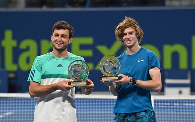 Tennis, ATP-Turnier in Doha Qatar Exxon Mobil Open 2021 Aslan Karatsev , Russia and Andrey Rublev , Russia