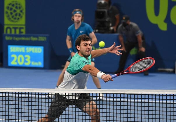 Tennis, ATP-Turnier in Doha Qatar Exxon Mobil Open 2021 Aslan Karatsev , Russia and Andrey Rublev , Russia