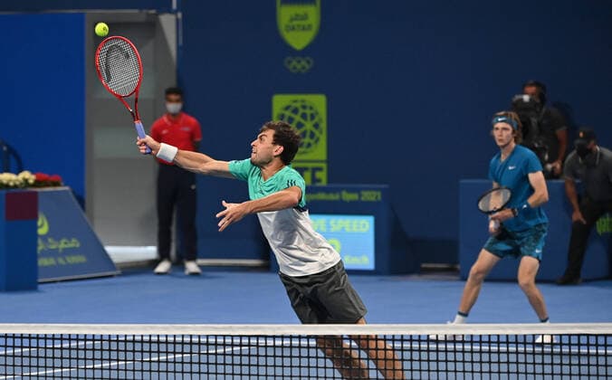 Tennis, ATP-Turnier in Doha Qatar Exxon Mobil Open 2021 Aslan Karatsev , Russia and Andrey Rublev , Russia