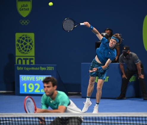 Tennis, ATP-Turnier in Doha Qatar Exxon Mobil Open 2021 Aslan Karatsev , Russia and Andrey Rublev , Russia