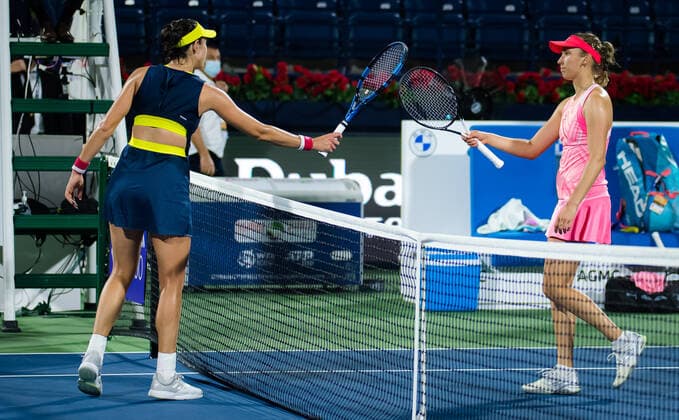 March 12, 2021, DUBAI, UNITED ARAB EMIRATES: Garbine Muguruza of Spain & Elise Mertens of Belgium at the net after the semi-final at the 2021 Dubai Duty Free Tennis Championships WTA, Tennis Damen 1000 tournament DUBAI UNITED ARAB EMIRATES - ZUMAa181 20210312_zaa_a181_176 Copyright: xRobxPrangex