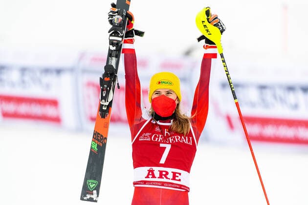 210313 Katharina Liensberger of Austria celebrates after winning the Women s Slalom during the FIS World Cup on March 13, 2021 in Are. Photo: Daniel Stiller BILDBYRAN kod DS DS0118 alpint alpine världscup fis alpine skiing world cup slalom dam bbeng jubel österrike Copyright: DANIELxSTILLER BB210313DS072