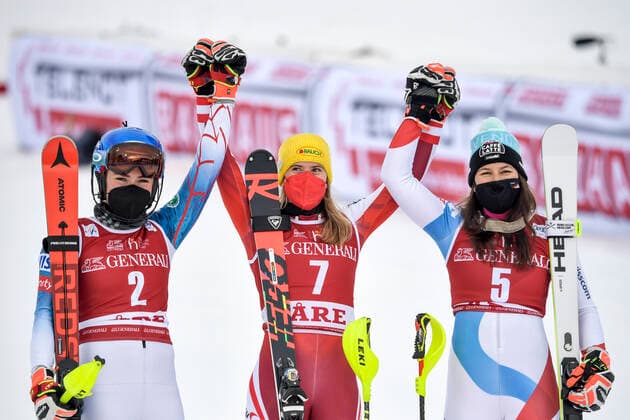 (L-R) Second placed Mikaela Shiffrin of USA, winner Katharina Liensberger of Austria and third placed Wendy Holdener of Switzerland celerate after the second run of the women s slalom race of the FIS Ski Alpine World Cup in Are, Sweden, on March 13, 2021. ARE SWEDEN ALPINE SKIING x10050x