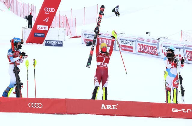ALPINE SKIING - FIS WC Are ARE,SWEDEN,13.MAR.21- ALPINE SKIING - FIS World Cup, slalom, ladies. Image shows Mikaela Shiffrin (USA), Katharina Liensberger (AUT) and Wendy Holdener (SUI). GEPAxpictures xPatrickxSteiner
