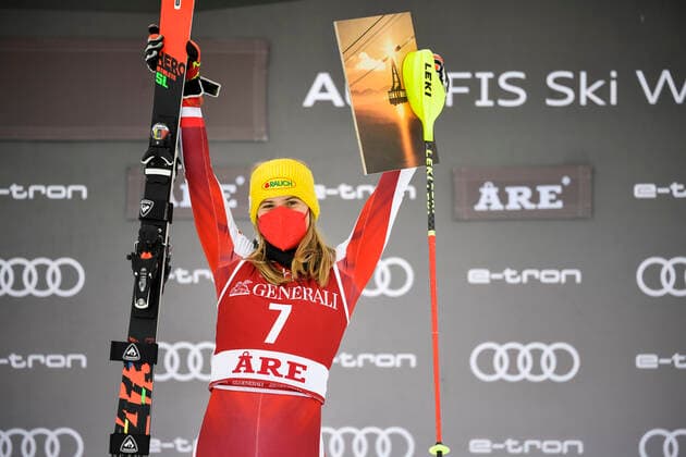 Katharina Liensberger of Austria celebrates on the podium after winning the women s slalom race of the FIS Ski Alpine World Cup in Are, Sweden, on March 13, 2021. ARE SWEDEN ALPINE SKIING x10050x