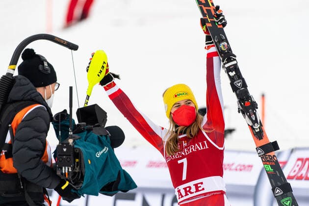 210313 Katharina Liensberger of Austria celebrates ahead of the prize ceremony after winning the Women s Slalom during the FIS World Cup on March 13, 2021 in Are. Photo: Daniel Stiller BILDBYRAN kod DS DS0118 alpint alpine världscup fis alpine skiing world cup slalom dam bbeng jubel österrike Copyright: DANIELxSTILLER BB210313DS076