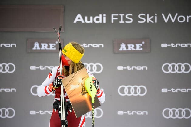 Katharina Liensberger of Austria celebrates on the podium after winning the women s slalom race of the FIS Ski Alpine World Cup in Are, Sweden, on March 13, 2021. ARE SWEDEN ALPINE SKIING x10050x