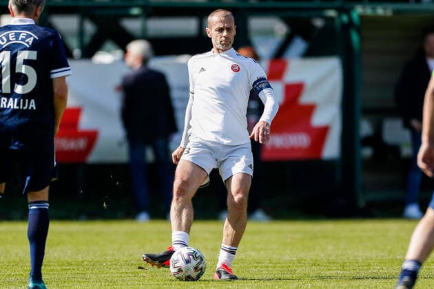 PXL_Football stars _Croatia vs Slovenia Aleksander Ceferin during a humanitarian Match of Legends between a team of Croatia football stars and a team of Slovenia football stars in Petrinja, Croatia on March 13, 2021. Match is organized at the initiative of UEFA President Aleksander Ceferin and Croatian Football Federation President Davor Suker to help those who lost their homes by the devastating earthquake on December 29, 2020. SlavkoxMidzor PIXSELL