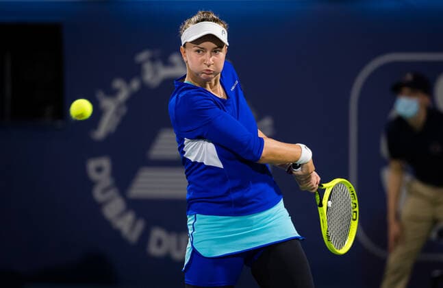 March 13, 2021, DUBAI, UNITED ARAB EMIRATES: Barbora Krejcikova of the Czech Republic in action during the final of the 2021 Dubai Duty Free Tennis Championships WTA, Tennis Damen 1000 tournament against Garbine Muguruza of Spain DUBAI UNITED ARAB EMIRATES - ZUMAa181 20210313_zaa_a181_224 Copyright: xRobxPrangex
