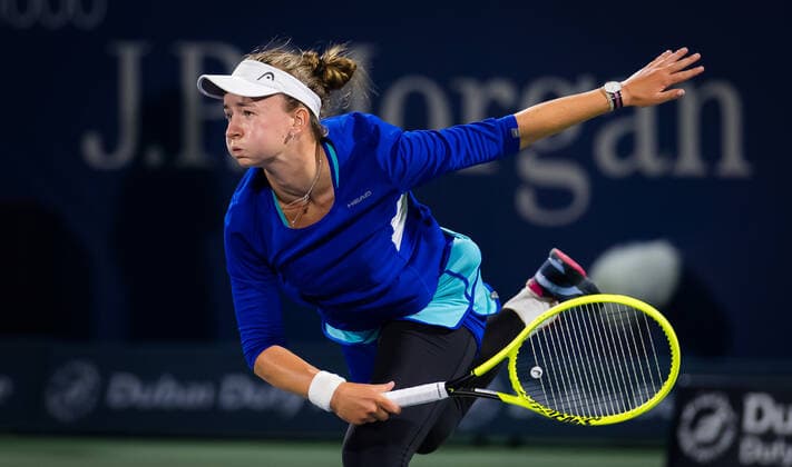 March 13, 2021, DUBAI, UNITED ARAB EMIRATES: Barbora Krejcikova of the Czech Republic in action during the final of the 2021 Dubai Duty Free Tennis Championships WTA, Tennis Damen 1000 tournament against Garbine Muguruza of Spain DUBAI UNITED ARAB EMIRATES - ZUMAa181 20210313_zaa_a181_241 Copyright: xRobxPrangex