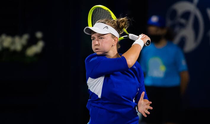 March 13, 2021, DUBAI, UNITED ARAB EMIRATES: Barbora Krejcikova of the Czech Republic in action during the final of the 2021 Dubai Duty Free Tennis Championships WTA, Tennis Damen 1000 tournament against Garbine Muguruza of Spain DUBAI UNITED ARAB EMIRATES - ZUMAa181 20210313_zaa_a181_243 Copyright: xRobxPrangex