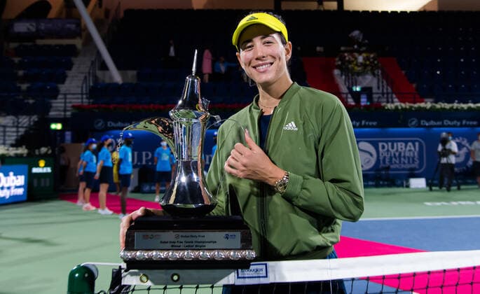 March 13, 2021, DUBAI, UNITED ARAB EMIRATES: Garbine Muguruza of Spain with the champions trophy after the final of the 2021 Dubai Duty Free Tennis Championships WTA, Tennis Damen 1000 tournament DUBAI UNITED ARAB EMIRATES - ZUMAa181 20210313_zaa_a181_253 Copyright: xRobxPrangex