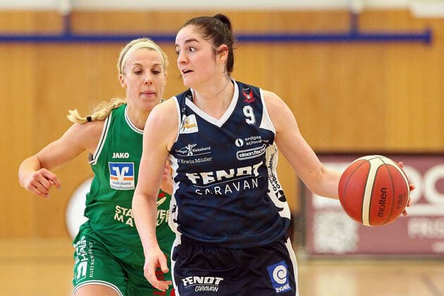 14.03.2021, xovx, Basketball Damen 1. Bundesliga, BC Pharmaserv Marburg - XCYDE Angels Nördlingen v.l. Marie Bertholdt (BC Pharmaserv Marburg), Julia Köppl (XCYDE Angels Nördlingen) Marburg Sporthalle Georg-Gaßmann-Stadion Hessen Deutschland (DE)