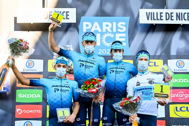 Astana-Premier Tech riders celebrate on the podium of the eighth and final stage of 79th edition of the Paris-Nice cycling race, 110,5km from Le-Plan-du-Var to Levens, in Nice, France, Sunday 14 March 2021. DAVIDxSTOCKMAN  x2669694x