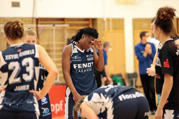 14.03.2021, xovx, Basketball Damen 1. Bundesliga, BC Pharmaserv Marburg - XCYDE Angels Nördlingen Respect Leaphart (XCYDE Angels Nördlingen) enttaeuscht, enttaeuscht schauend, dissapointed nach der 60:68 Niederlage in Marburg Marburg Sporthalle Georg-Gaßmann-Stadion Hessen Deutschland (DE)