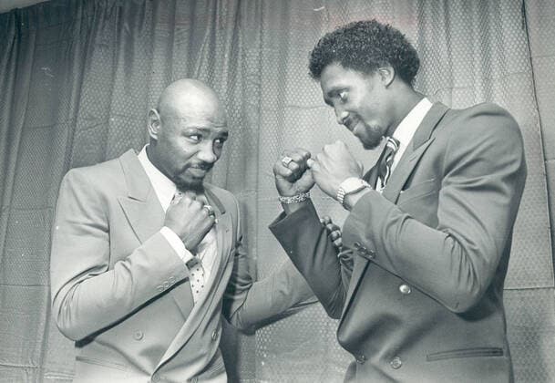 Exact date unknown: Detroit, Michigan, USA: MARVIN HAGLER (left) and THOMAS HEARNS (right) during their press conference, PK, Pressekonferenz Detroit USA - ZUMAf31_ 20201123_spo_f31_001 Copyright: xMaryxSchroederx