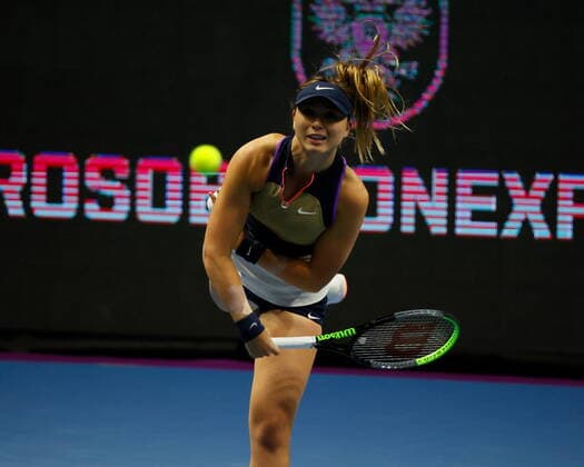 Saint Petersburg, Russia - 15 March 2021: Tennis. Paula Badosa of Spain plays during a match against Jelena Ostapenko (not seen) of Latvia at the St.Petersburg Ladies Trophy 2021 tennis tournament. Tennis player Paula Bados. MaksimxKonstantinov