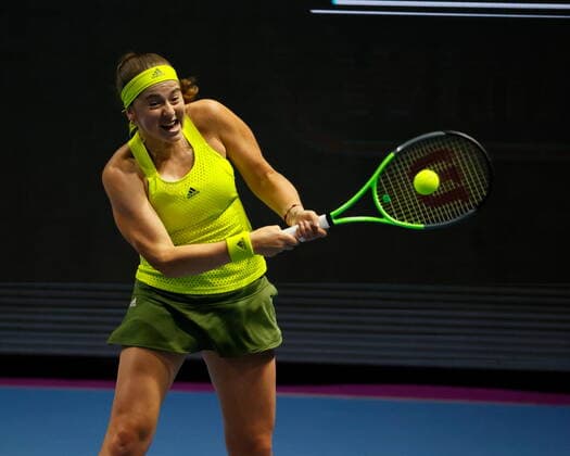 Saint Petersburg, Russia - 15 March 2021: Tennis, Jelena Ostapenko of Latvia plays during a match against Paula Badosa (not seen) of Spain at the St.Petersburg Ladies Trophy 2021 tennis tournament. Tennis player Elena Ostapenko. MaksimxKonstantinov