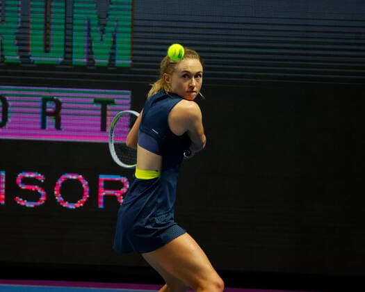Saint Petersburg, Russia - 15 March 2021: Tennis, Aleksandra Sasnovich of Belarus plays during a match against Ana Bogdan (not seen) of Romania of Belarus at the St.Petersburg Ladies Trophy 2021 tennis tournament. Player Aleksandra Sasnovich. MaksimxKonstantinov