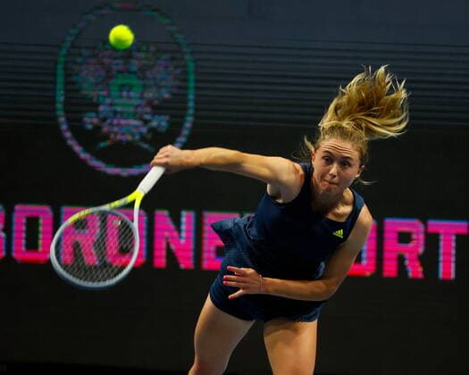 Saint Petersburg, Russia - 15 March 2021: Tennis, Aleksandra Sasnovich of Belarus plays during a match against Ana Bogdan (not seen) of Romania of Belarus at the St.Petersburg Ladies Trophy 2021 tennis tournament. Player Aleksandra Sasnovich. MaksimxKonstantinov