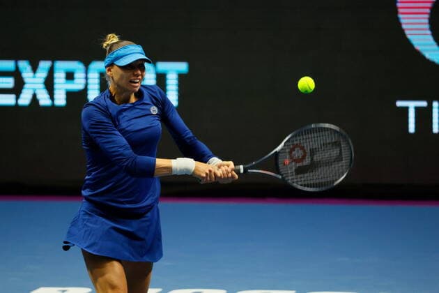 Saint Petersburg, Russia - 15 March 2021: Tennis, Arina Rodionova of Australia plays during a match against Vera Zvonareva (not seen) of Russia at the St.Petersburg Ladies Trophy 2021 tennis tournament. Tennis player Arina Rodionova. MaksimxKonstantinov