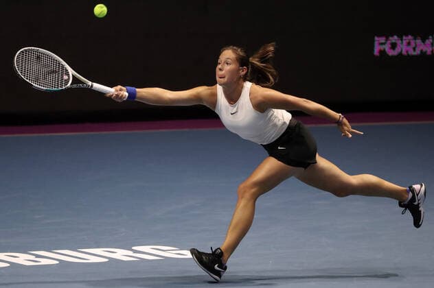 ST PETERSBURG, RUSSIA â€“ MARCH 16, 2019: Russiaâ€™s Daria Kasatkina returns a shot in a 2021 WTA, Tennis Damen Premier St Petersburg Ladies Trophy Round 1 singles match against Denmarkâ€™s Tauson at Sibur Arena. Alexander Demianchuk TASS  TS0F989C