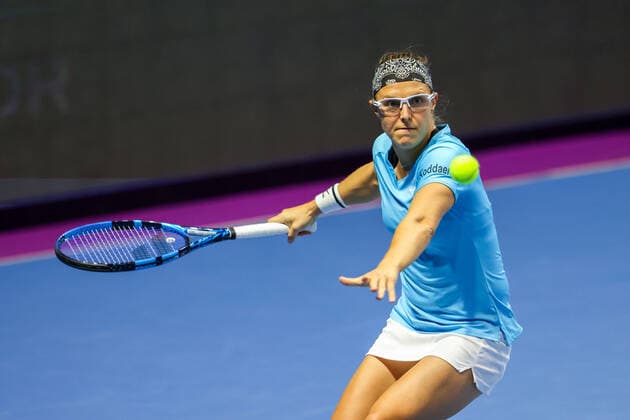 March 16, 2021, St.Petersburg, Russia: Kirsten Flipkens of Belgium seen in action during a match against Katerina Siniakova of Czech Republic at the St.Petersburg Ladies Trophy 2021 tennis tournament at Sibur Arena..Final score: St.Petersburg Russia - ZUMAs197 20210316_zaa_s197_014 Copyright: xMaksimxKonstantinovx
