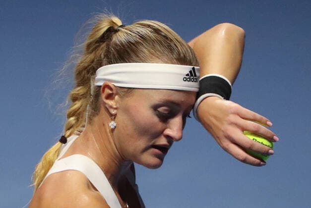 ST PETERSBURG, RUSSIA â€“ MARCH 16, 2019: France s Kristina Mladenovic wipes her brow in a 2021 WTA, Tennis Damen Premier St Petersburg Ladies Trophy Round 1 singles match against Russia s Gasparyan at Sibur Arena. Alexander Demianchuk TASS  TS0F98E3