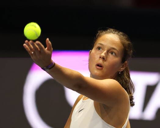 Saint Petersburg, Russia - 16 March 2021: Tennis Daria Kasatkina of Russia seen in action during a match against Clara Tauson of Denmark at the St.Petersburg Ladies Trophy 2021 tennis tournament at Sibur Arena. Final score: (Daria Kasatkina 2 - 0 Clara Tauson) MaksimxKonstantinov
