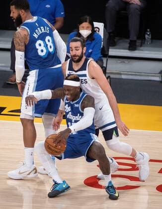 Ricky Rubio 9 of the Minnesota Timberwolves defends against Dennis Schroder 17 of the Los Angeles Lakers during their regular season NBA, Basketball Herren, USA game with Minnesota Timberwolves at the Staples Center in Los Angeles, California, on 16 March 2021. Lakers vs Timberwolves !ACHTUNG: NUR REDAKTIONELLE NUTZUNG!  Copyright: xJAVIERxROJASx AME3417 20210317-637515547412351368
