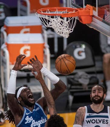 March 16, 2021, Los Angeles, California, USA: Montrezl Harrell 15 of the Los Angeles Lakers dunks the ball during their regular season NBA, Basketball Herren, USA game with the Minnesota Timberwolves on Tuesday March 16, 2021 at the Staples Center in Los Angeles, California. Lakers defeat Timberwolves, 137-121. PI Los Angeles USA - ZUMAp124 20210316_zaa_p124_035 Copyright: xJAVIERxROJASx