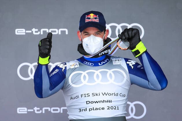 ALPINE SKIING - FIS WC Final Lenzerheide LENZERHEIDE,SWITZERLAND,17.MAR.21- ALPINE SKIING - FIS World Cup Final, award ceremony for the Downhill World Cup, men. Image shows the rejoicing of Dominik Paris (ITA). GEPAxpictures xMarioxBuehner
