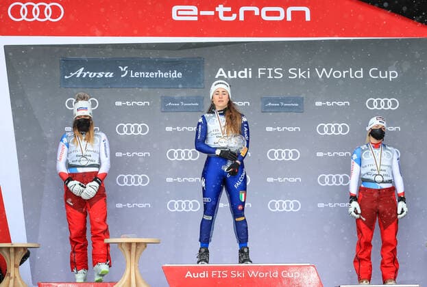 ALPINE SKIING - FIS WC Final Lenzerheide LENZERHEIDE,SWITZERLAND,17.MAR.21- ALPINE SKIING - FIS World Cup Final, award ceremony for the Downhill World Cup, ladies. Image shows Corinne Suter (SUI), Sofia Goggia (ITA) and Lara Gut-Behrami (SUI). Keywords: crystal globe. GEPAxpictures xMarioxBuehner