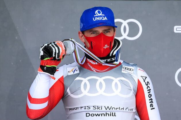 ALPINE SKIING - FIS WC Final Lenzerheide LENZERHEIDE,SWITZERLAND,17.MAR.21- ALPINE SKIING - FIS World Cup Final, award ceremony for the Downhill World Cup, men. Image shows the rejoicing of Matthias Mayer (AUT). GEPAxpictures xMarioxBuehner