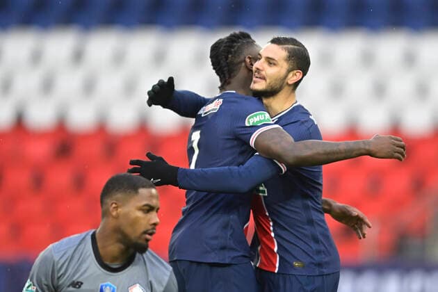 Joie des joueurs du PSG apres le but de Mauro Icardi (PSG) FOOTBALL : PSG vs LOSC - 1 8 finale coupe de france - 17 03 2021 JBAutissier Panoramic 