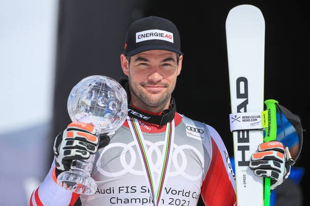 ALPINE SKIING - FIS WC Final Lenzerheide LENZERHEIDE,SWITZERLAND,18.MAR.21- ALPINE SKIING - FIS World Cup Final, award ceremony for the Super G World Cup, men. Image shows the rejoicing of Vincent Kriechmayr (AUT). keywords: crystal globe. GEPAxpictures xMarioxBuehner
