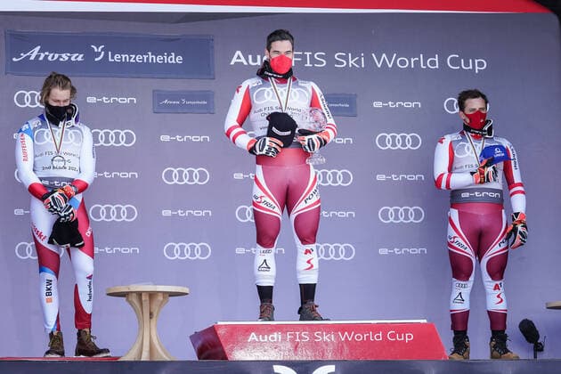 18.03.2021, Lenzerheide, Lenzerheide, Audi FIS Ski Weltcup Lenzerheide: Super G Siegerehrung, Vincent Kriechmayr (Österreich) gewinnt vorzeitig den Super-G-Weltcup. 2. Platz geht and Marco Odermatt (Schweiz, links) und 3. Platz and Matthias Mayer (Österreich). Lenzerheide Lenzerheide Graubünden Schweiz Copyright: xJustPictures.ch JarixPestelaccix