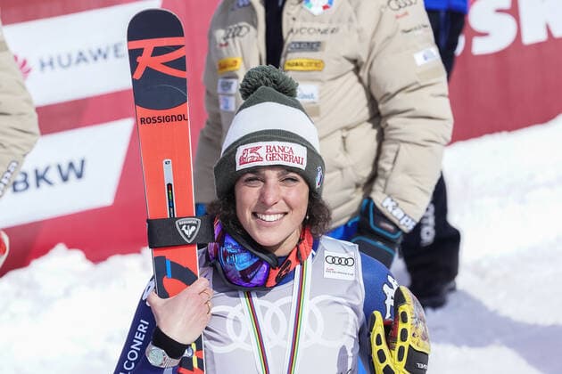 18.03.2021, Lenzerheide, Lenzerheide, Audi FIS Ski Weltcup Lenzerheide: Super G Siegerehrung, Super-G-Weltcup. 2. Platz geht and Federica Brignone (Italien) Lenzerheide Lenzerheide Graubünden Schweiz Copyright: xJustPictures.ch JarixPestelaccix