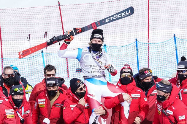 18.03.2021, Lenzerheide, Lenzerheide, Audi FIS Ski Weltcup Lenzerheide: Super G Siegerehrung, Super-G-Weltcup. 2. Platz geht and Marco Odermatt (Schweiz). Lenzerheide Lenzerheide Graubünden Schweiz Copyright: xJustPictures.ch JarixPestelaccix