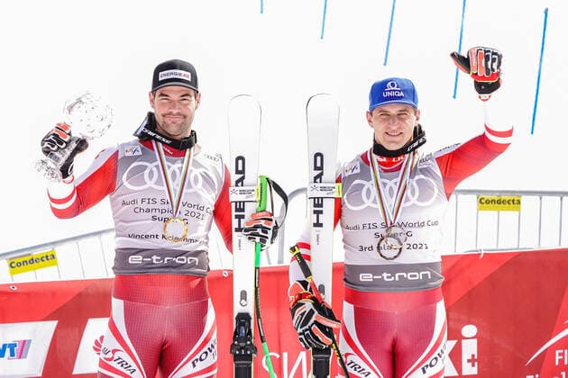 18.03.2021, Lenzerheide, Lenzerheide, Audi FIS Ski Weltcup Lenzerheide: Super G Siegerehrung, Vincent Kriechmayr (Österreich) gewinnt vorzeitig den Super-G-Weltcup. 3. Platz an Matthias Mayer (Österreich, rechts). Lenzerheide Lenzerheide Graubünden Schweiz Copyright: xJustPictures.ch JarixPestelaccix