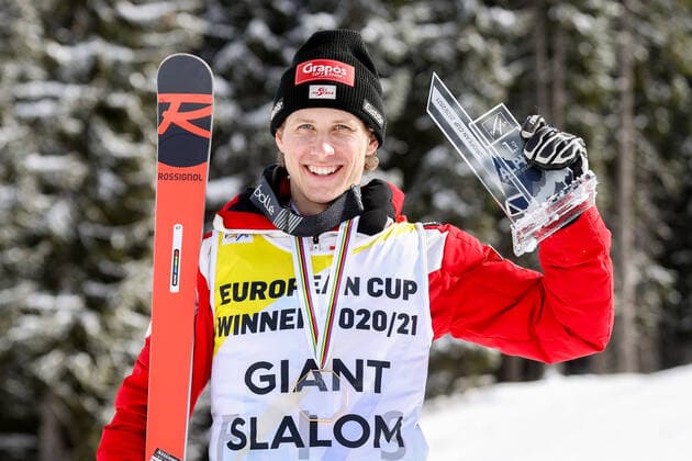ALPINE SKIING - FIS EC Reiteralm SCHLADMING,AUSTRIA,18.MAR.21- ALPINE SKIING - FIS Europa Cup Final, award ceremony for the Giant Slalom Europa Cup, men. Image shows Dominik Raschner (AUT). Keywords: medal, trophy. GEPAxpictures xChristianxWalgram