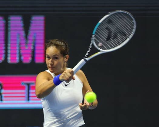 Saint Petersburg, Russia - 18 March 2021: Daria Kasatkina of Russia playing against Aliaksandra Sasnovich of Belarus during the St.Petersburg Ladies Trophy 2021 tennis tournament. MaksimxKonstantinov