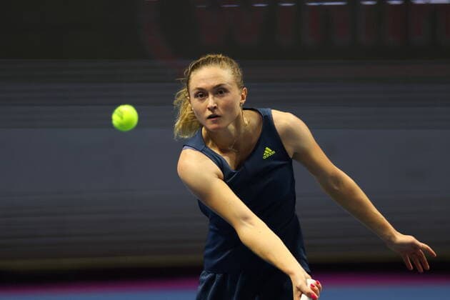 Saint Petersburg, Russia - 18 March 2021: Daria Kasatkina of Russia playing against Aliaksandra Sasnovich of Belarus during the St.Petersburg Ladies Trophy 2021 tennis tournament. MaksimxKonstantinov