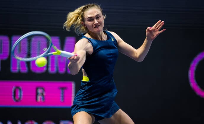 March 18, 2021, ST PETERSBURG, RUSSIA: Aliaksandra Sasnovich of Belarus in action during the second round of the 2021 St. Petersburg Ladies Trophy WTA, Tennis Damen 500 tournament against Daria Kasatkina of Russia ST PETERSBURG RUSSIA - ZUMAa181 20210318_zaa_a181_064 Copyright: xRobxPrangex