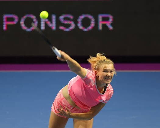 Saint Petersburg, Russia - 18 March 2021: Margarita Gasparyan of Russia playing against Katerina Siniakova of Czech Republic during the St.Petersburg Ladies Trophy 2021 tennis tournament. MaksimxKonstantinov